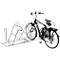Bicycle in a galvanized bicycle rack. The bicycle has a black frame.
