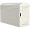 Beige metal cabinet with a rounded roof. It has holes, a door with handle.