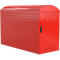 Red metal bike storage cabinet with hole pattern and door.