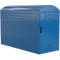 Blue bike storage cabinet with arched roof and dotted pattern. It has a door with black handle.