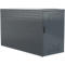 Dark gray metal cabinet with perforated ventilation holes, door and handle.