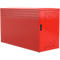 Red, rectangular cabinet, with openings for ventilation and a door with a handle.