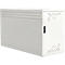 White metal cabinet with black handle and a hole pattern. A cabinet with a rectangular shape for outdoor use.