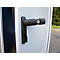 Black door handle with cylinder lock on a white door, a blue open cabinet in the background.