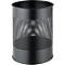 Black, cylindrical waste bin with holes forming a pattern. The top rim and base are smooth.