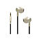 Beige In-Ear-Kopfhörer mit schwarzem Textilkabel und 3,5-mm-Klinkenstecker vor weißem Hintergrund.