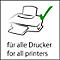 Black and white printer illustration with green checkmark. Below it says "for all printers" and "for all printers".