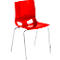 Red plastic chair with chrome legs, two holes in the backrest.