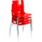 Stacked red chairs with chrome legs. The seat has an ergonomic shape.