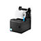 Schwarzer Thermodrucker mit Papierrolle, blaue Pfeil-Illustration, Energystar-Logo.