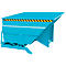 Turquoise tipping skip. Yellow and black warning stripe on top edge. Tipping device at the bottom.