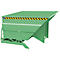 Green tipping container with yellow and black warning stripes. The metal construction stands on a frame.