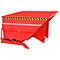 Red tipping skip with yellow and black warning markings. The sides are angled and the construction is mounted on a frame.
