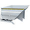 Gray tipping skip with black and yellow warning stripes. It stands on a frame.