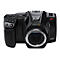 Schwarze Blackmagic Pocket Cinema Camera 6K, Frontansicht, vor weißem Hintergrund.
