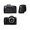 Drei Ansichten einer schwarzen Blackmagic Pocket Cinema Camera 6K mit Touchscreen-Menü und Sensor.