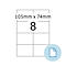 Sticker met 8 velden, afmetingen 105 mm x 74 mm. Blauwe knop met een document.