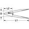 Drahtzange mit Maßangaben, Herstellerlogo. Die Zange ist offen dargestellt mit den Bemaßungen L1, L2 und D.
