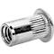 Metal rivet nut. Silver-colored, with thread and knurled outer surface.