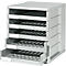 Organisateur de documents gris avec 5 tiroirs, dont deux ouverts.