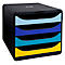Système de rangement noir avec quatre tiroirs colorés : bleu clair, bleu, turquoise et jaune.