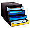 Système de rangement noir avec quatre tiroirs colorés: jaune, bleu, bleu clair, bleu foncé. Chaque tiroir contient du papier.