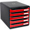 Bloc à tiroirs BIG-BOX PLUS, A4+, 5 tiroirs semi-ouverts avec butée de sortie, poignée encastrée et porte-étiquettes, noir-rouge