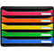 Bac de rangement multicolore à 6 compartiments : rouge, orange, jaune, vert et bleu. Chaque compartiment a un petit champ d'étiquette blanc.
