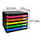 Pile de bacs à documents noirs avec cinq compartiments colorés : rouge, orange, jaune, vert et bleu. Les dimensions sont indiquées : 355 x 270 x 271 mm.