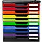Organiseur de documents multicolore avec tiroirs. Le dessus est noir, puis rouge, orange, jaune, vert, bleu, violet et noir.