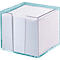 Porte-bloc-notes transparent avec bord turquoise, rempli de blocs-notes blancs. Le support comporte trois fentes.