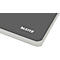 Cahier gris avec le logo LEITZ blanc, vue de coin, pages blanches.
