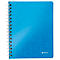 Cahier bleu avec reliure à spirale, motif géométrique et logo Leitz.