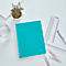 Cahier turquoise avec spirale, à côté règle, stylo et trombones sur surface blanche.