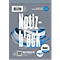 Bloc-notes gris avec l'inscription blanche "Notizblock" et une forme de tourbillon bleue. Texte et logos en bas.