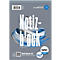 Un bloc-notes avec l'inscription "Notiz-block". Sur fond bleu-gris avec écriture blanche. "kariert" est indiqué en bas à droite.