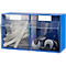 Conteneur bleu à deux compartiments remplis de pièces grises et noires. Façades en plastique transparent.