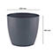 Grijze bloempot. Afmetingen: 200 mm diameter, 180 mm hoog.