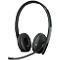 Black Sennheiser headset with microphone. Round ear pads, arched headband.