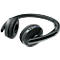 Black headphones, partially folded, with gray accents. A blue LED is visible on one earcup.
