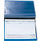 Blue care report with transparent foil. Open, with lined pages. Labels: care report, social activities, medication.
