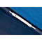 Close-up of a blue binder with a white clasp. The clasp extends diagonally across the image.