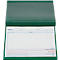 Green nursing report, open, with tables and text. Lid on top, white paper with lines below.