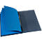 Open blue folder with several compartments. Part of the folder is dark blue.
