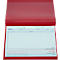 Open red clipboard with nursing report sheet, with blue lettering, to open.