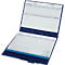 Blue folder with silver pen, open and labeled with tables.