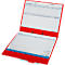 Red folder with open pages. Inside are sheets with tables and a pen.