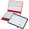 Red binder with sheets, next to it a blue clipboard. The sheets show tables with German labels.