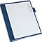 Blue binder with white paper. On the side there is a strip with colored markings.