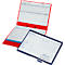 Roter Ordner mit Papier, blauem Schreibbrett und Stift. Formulare mit Spalten, blau-rote Akzente. Beschriftung.